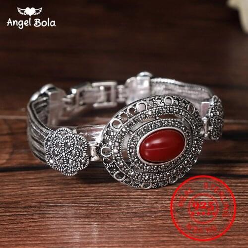 925 Silver Red Rhinestone Vintage Retro Grey Black Bracelet for Women Big Oval Bangle New Arrival Couple Gifts Drop Shipping