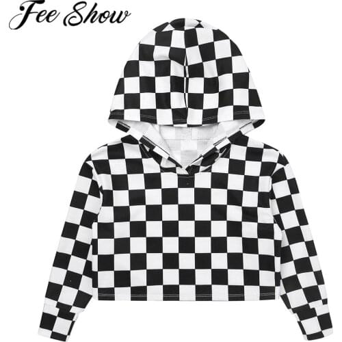 Kids Girls Hooded Sweatshirt Long Sleeve Plaid Hoodie Crop Top Casual Sport Tops Teenage Girls Cropped Sweatshirt Streetwear