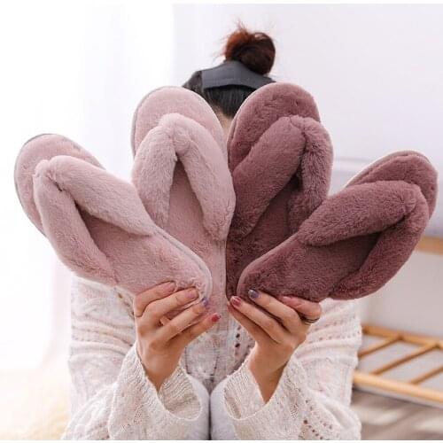 FRALOSHA Womens Home Slippers Winter Fashion Flip Flops With Artificial Fur Fashion Warm Shoes Women' Flat Slippers