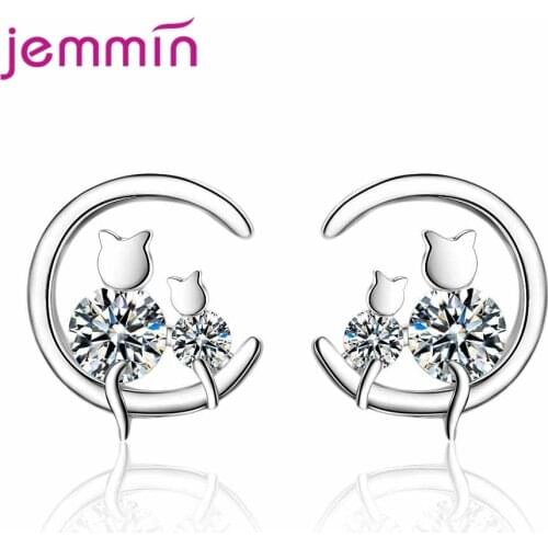 Geometric Shape Korea 925 Sterling Silver Cubic Zirconia Stud Earrings For Women Sweet Cute Cats Fine Piercing Ear Joyas Jewelry