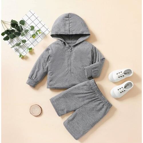 2 Pieces Kids Suit Set Solid Color Long Sleeve Hooded Pullover with Zipper + Short Pants for Girls Gray 18 Months-6 Years