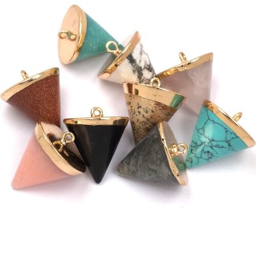 Cone Natural Stones Pendants Multi Glossy Pyramid Healing Reiki Pink Quartz Crystal Gold Sand Stones Female Jewelry 20x24mm
