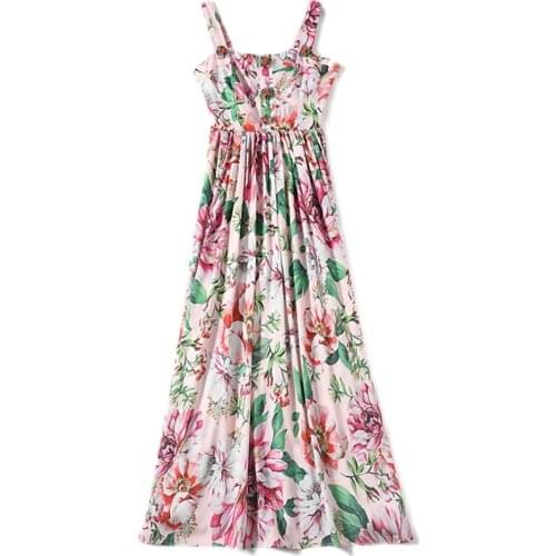 LUKAXSIKAX 2021 New Summer Women Spaghetti Strap Long Dress High Quality Runway Sweet Flowers Print Beach Vacation Dress