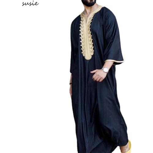 Muslim Men Jubba Thobe Long Sleeve Islamic Clothing Embroidery V-Neck Kimono Robe Abaya Caftan Dubai Arab Dress Shirts