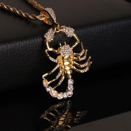 Animal Scorpion Hip Hop Pendant Chain Gold Color Bling CZ Crystal Mens Scorpio Necklace Punk Rock Fashion Jewelry For Gift