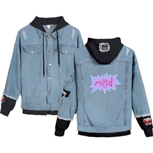 Mood Smiley Denim Jacket Sweatshirt Fashion Hip Hop Style Men Women Long Sleeve Fake Two Pieces Jean-Jackets Harajuku Hoodie 4XL