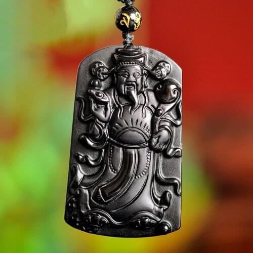 Natural Black Obsidian God of Wealth Jade Pendant Necklace Chinese Hand-Carved Fashion Jewelry Amulet Accessories for Men Women