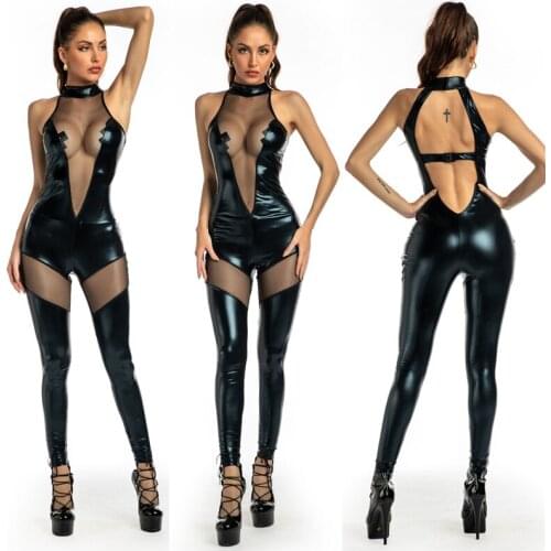 Women Sexy Hollow Out Latex Catsuit PVC Faux Leather Wetlook Jumpsuit Hot Exotic Costume Lingerie PU Bodysuit Clubwear Overalls