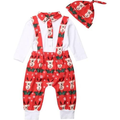 Pudcoco Christmas 3 Piece Baby Romper Pants Hat Suit Elk Printed Full Length Regular Sleeve Turn-down Collar Covered Button Sets