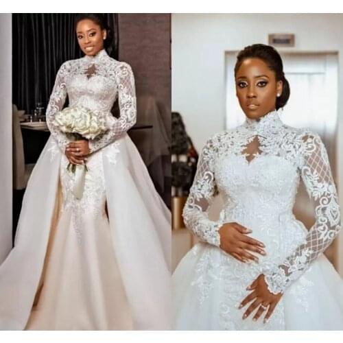 African Mermaid Wedding Dress Detachable Train 2022 High Neck Lace Appliques Arabic Bridal Gowns Long Sleeves Robe De Mariage