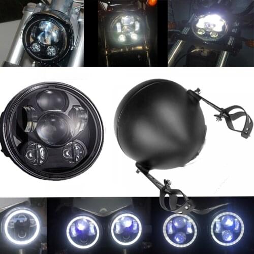 Black Motorcycle Light 5.75'' LED Moto Headlamp 5 3/4" Motorcycle Headlight Lamp Housing Bucket &Clamps for Choppers Cafe Races