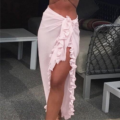 Summer Side Split Boho Ruffle Solid Midi Skirts Women Lace Up Chiffon Beachwear Female Autumn Sexy High Waist Clothing