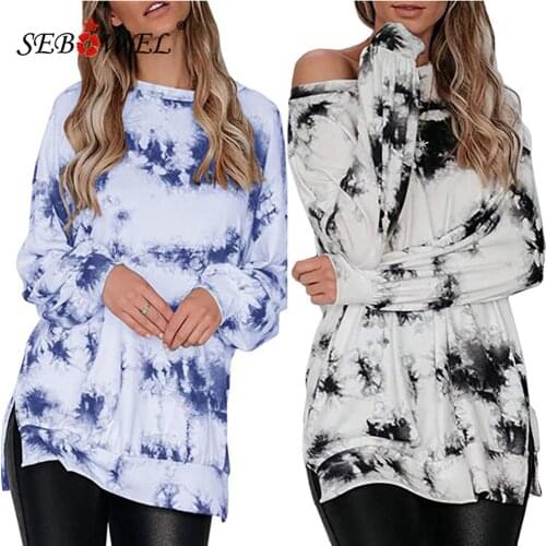 SEBOWEL Womens Oversized Tie Dye Print Long Sleeve Sweatshirts Lady Round Neck Lantern Sleeve Side Slit Loose Sweatshirt Tops