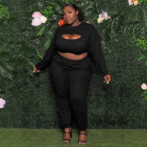 Three Piece Plus Size Sets Ribbed Women Clothing Vest Long Sleeve Crop Top and Pants Sets Sexy Outfits Wholesale Dropshipping