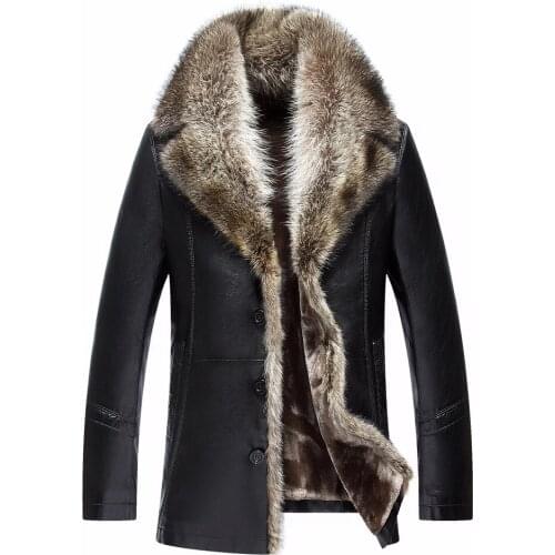 2018 New Medium Long Single Breasted Manteau Homme Cuir Plus Size Big Fur Collar Cazadora Piel Hombre