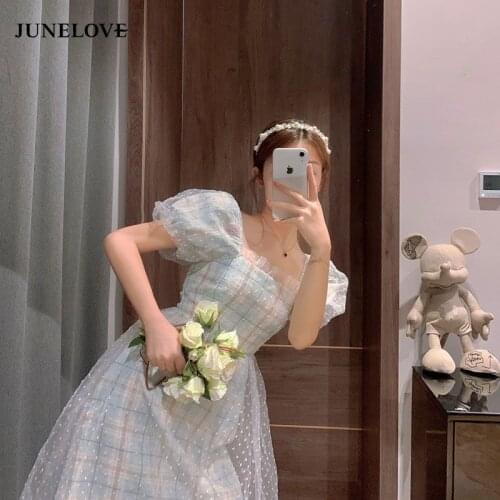 JuneLove Puff Sleeve Vintage Plaid Dress Women Lace Princess Dress for Women Square Collar Evening Party Midi Dress 2021 Summer
