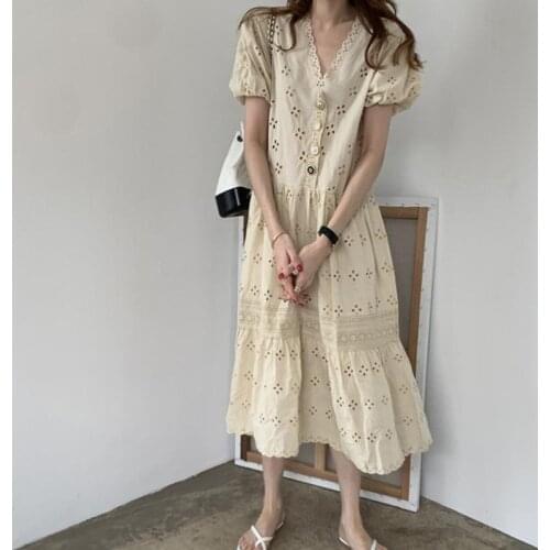 2021 Summer New Fashion Sexy V-neck Hollow out Lace Plus Size Ladies Dresses Loose Elegant Woman Long Dress Chic Korean Dresses