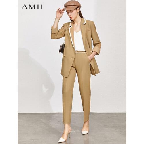 Amii Minimalism Autumn Blazer Pants Set Professional Clothes Women Coats High Waist Straight Casual Pants Female Suit 12130293