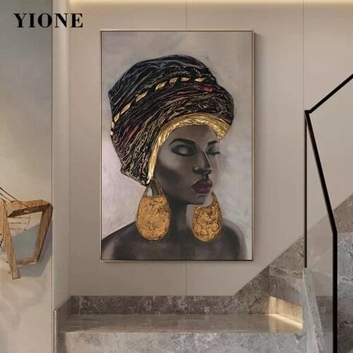Ethnic Sexy Nude Black Woman Oil Painting Brown Gold African Girl Wall Art Poster Canvas Picture Print Living Room Bedroom Decor