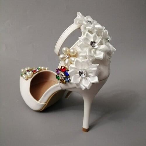 Summer flower crystal white wedding sandals shoes for bridal brides thin high heels point toes ankle straps bridal pumps shoe