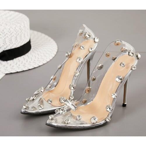Comemore 2021 Rivet Crystal Pumps Wedding Women Shoes High Heels PVC Transparent Sexy Night Club Femme Shoes Zapatos Para Mujer