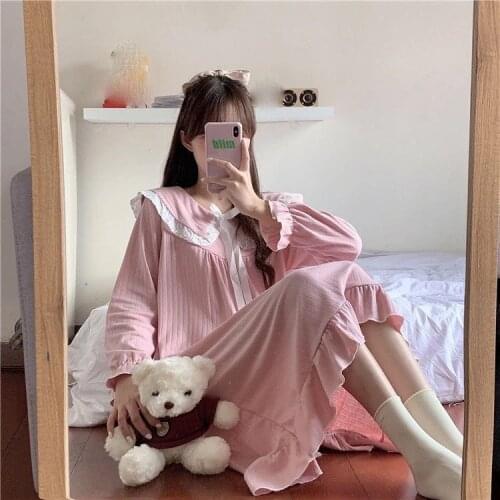 Sweet Pater Pan Collar Princess Long Nightgown Spring Summer Bud Sleeve Nightdress M-XXL Sleepshirt Skirt Loose Home Dressing