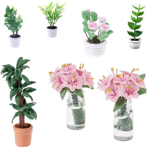 Mini Tree Potted For 1:12 Dollhouse Miniature Green Plant In Pot Doll House Furniture Home Decor Simulation Potted plants