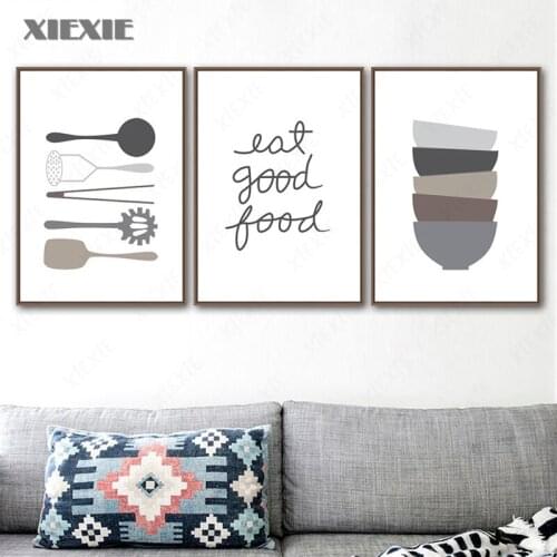 Nordic Wall Art Canvas Print Black and White Cartoon Painting Tableware Minimalist Poster Picture for Kitchen Home Decor