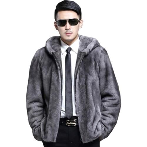 Autumn hooded grey faux mink fur leather jacket mens winter thicken warm fur leather coat men loose jackets fashion B201