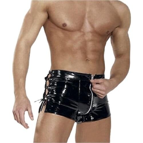 Bandage Sexy Lingerie Faux Leather Mens Leggings Stage Performance Cosplay Gay Clothes Tether Wild Zip Skin Shorts Plus Size