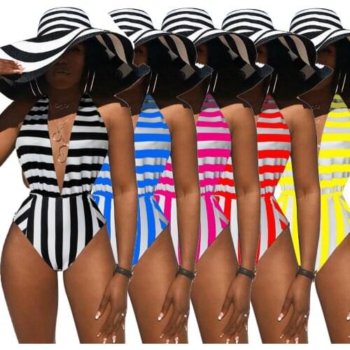 Sexy one piece swimsuit women halter deep V neck white black stripe one piece swimwear bodysuit ladie high cut push up beachwear