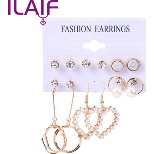 Fashion WomenS Earrings Diamonds Pearl Pendants Geometric Six-Piece Set Earrings Trendy Jewelry Gifts