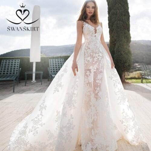 2 In 1 Detachable Train Wedding Dress 2021 V-neck Appliques Lace Mermaid Bride Gown SwanSarah K172 Plus Size Vestido De Noiva