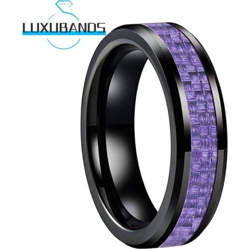 Tungsten Wedding Bands 6MM Black Beveled Edges Purple Carbon-Fiber Inlay Polished Finished Comfort Fit