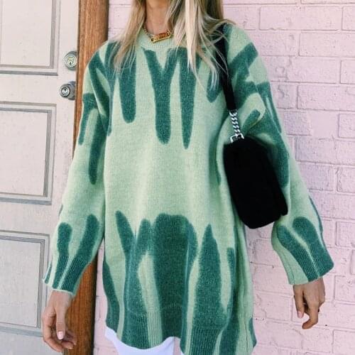 Green Knitted Sweater Women Oversized Striped Print Pullover Sweaters Winter Tie Dye Outerwear Loose Streetwear Sueter Mujer