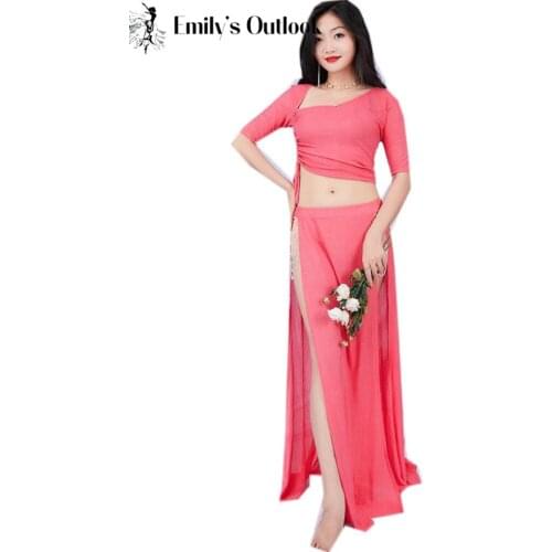 Sexy Belly Dance Practice Wear Women Adults Oriental Dancing Clothing 2 Piece Exotic Long Skirt Shine Water Yarn Red New Arrival
