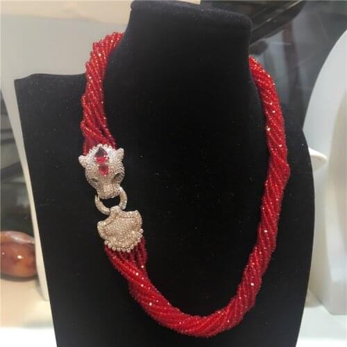 Womens fashion Leopard head clasp DIY accessory red glass crystal necklace welcome custom colors fashion jewelry