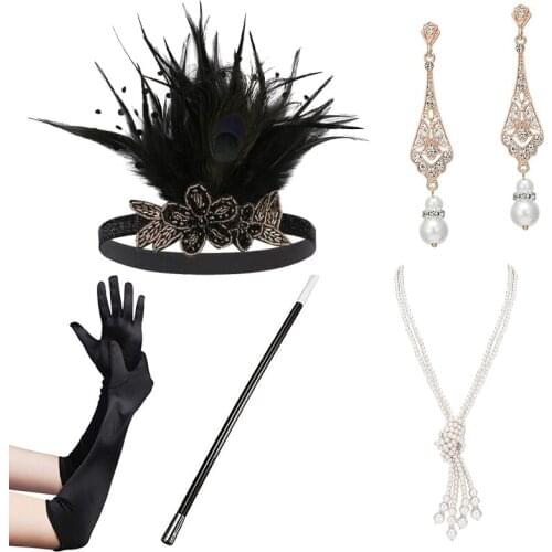 1920s Flapper Accessories Set Feather Headband Knot Pearl Necklace Gloves Earring Cigarette Holder Women Gatsby Costume Set