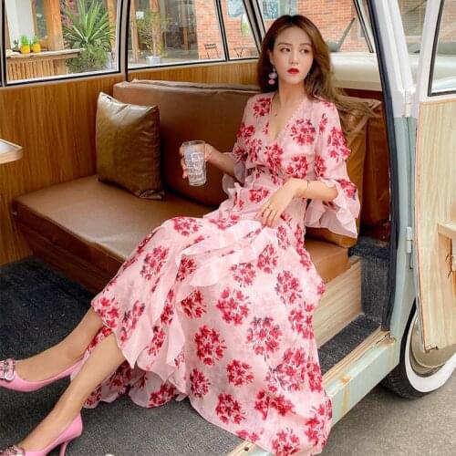 2021 New Summer Women Sexy V-neck Casual Elegant High Waisted Three Quarter Sleeve Pink Floral Print Slim Mid-calf Dresses Y520