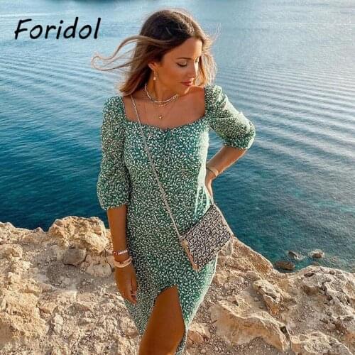 Spring Vintage Long Sleeve Green Floral Dress Women Autumn Winter Slit Long Maxi Dress 2020 Leaf Print Boho Dress Vestidos