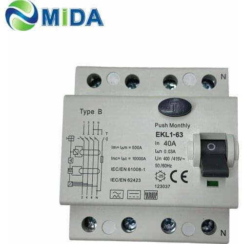 10KA 30mA Type B RCD 4Pole 40A/ 63 Amp B Type RCCB EV Wallbox and PV Installations