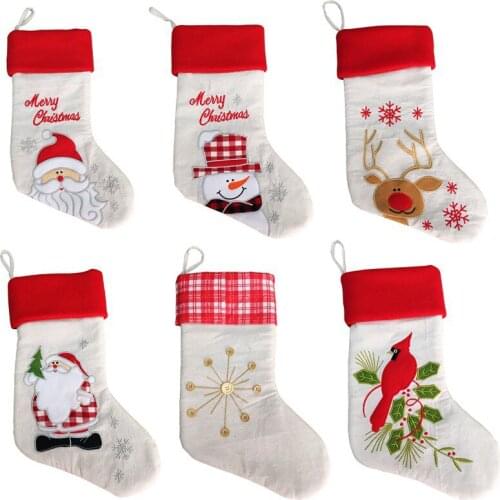 19*25*43cm Christmas Party Xmas Tree Hanging Decor Cartoon Embroidery Animal Stocking White Linen Sock Kids Gift Candy Bags