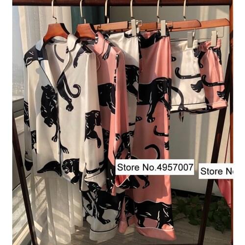 2021 Early Spring New Silk Satin Animal Print Pajamas Shell Button Blouse Shirt/Trousers/Shorts - Women Silk 3pc Sets