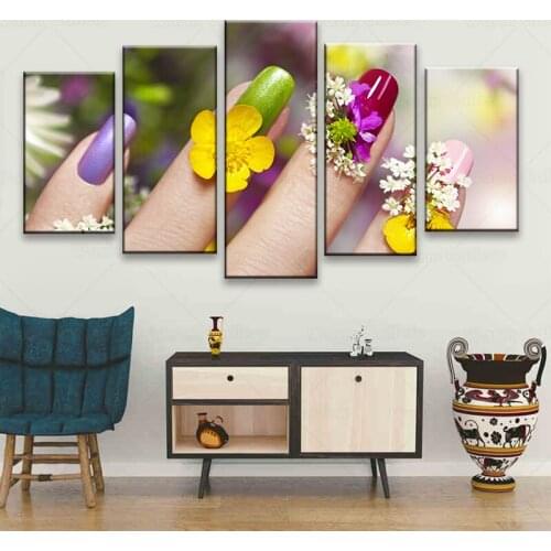 5 Panel Wall Art Canvas Beauty Salon Manicure Painting Nail Art Poster Modern Hd Print Picture Manicure Store Wall Decor frame