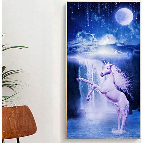5D Diy Diamond Painting Large Moon White Unicorn Waterfall Scenery Cross Stitch Mosaic Embroidery Round Square DrillZP-2937