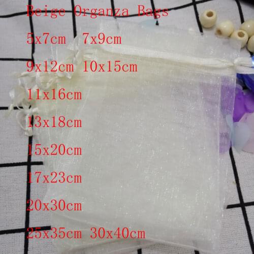 Beige Organza Bags 100pcs/Lot 7x9 9x12 10x15 13x18 15x20 17x23 cm Jewelry Drawstring Bags Christmas/Wedding/Gift Packing Bags