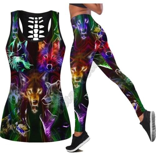 Colorful wolf combo tattoos 3D Printed legging hollow tank combo Suit sexy Yoga Fitness Soft Legging Summer Women For Girl 02