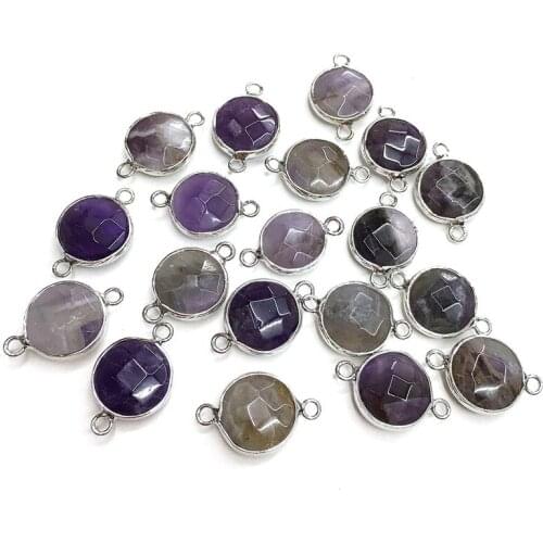 Purple quartzs round silver-plated semi-precious stone connector for jewelry making temperament accessories size 14x14mm