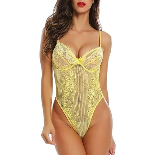 Wire Free Lace Bodysuit for Women Lingerie Sexy Eyelash Teddy Lingerie Naughty Negligee Mesh Bodysuit Jumpsuit Overalls Party
