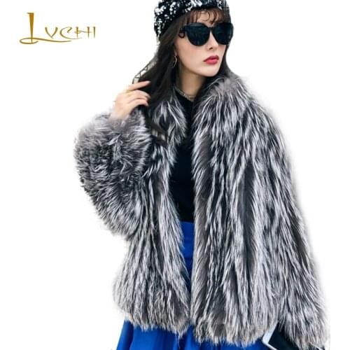 LVCHI 2019 Winter Import Real Fur Coats Natural Fox Fur Coat Mandarin Collar Silver Color Womens Short Waving Fox Fur Coats